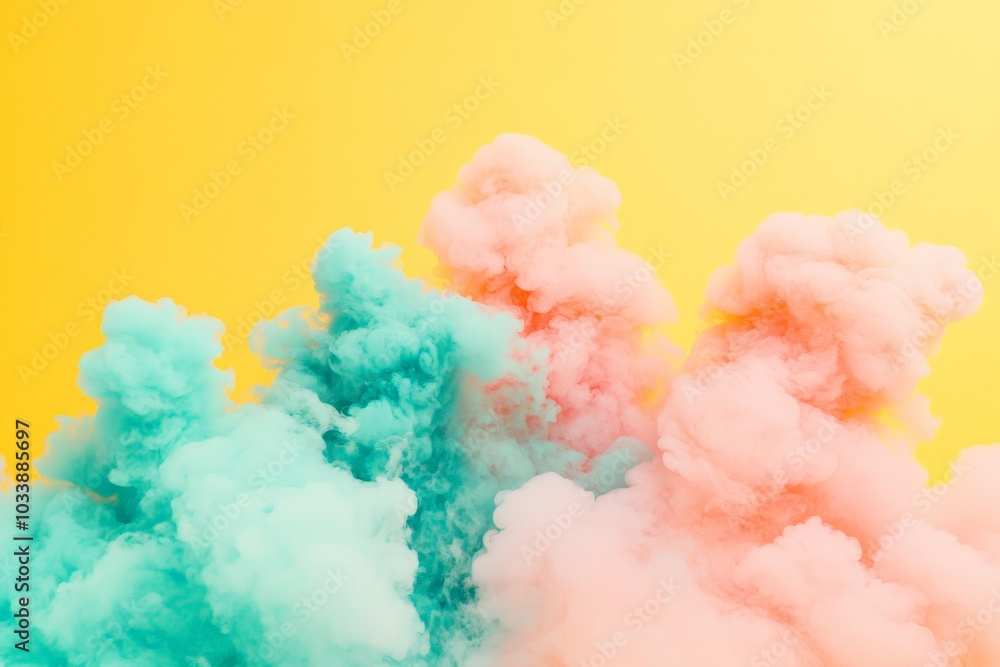 Poster this image showcases vibrant plumes of colorful smoke in pastel hues against a bright yellow backdro