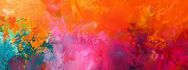 A vibrant abstract painting featuring a blend of orange, pink, and teal hues, creating a warm and energetic atmosphere.