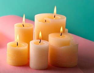 Group of burning candles on a calming blue background