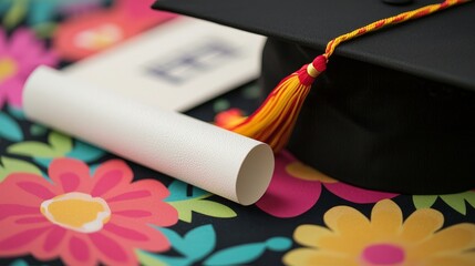 Graduation cap and scroll on a colorful floral background.