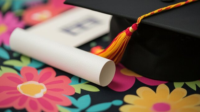 Graduation cap and scroll on a colorful floral background.
