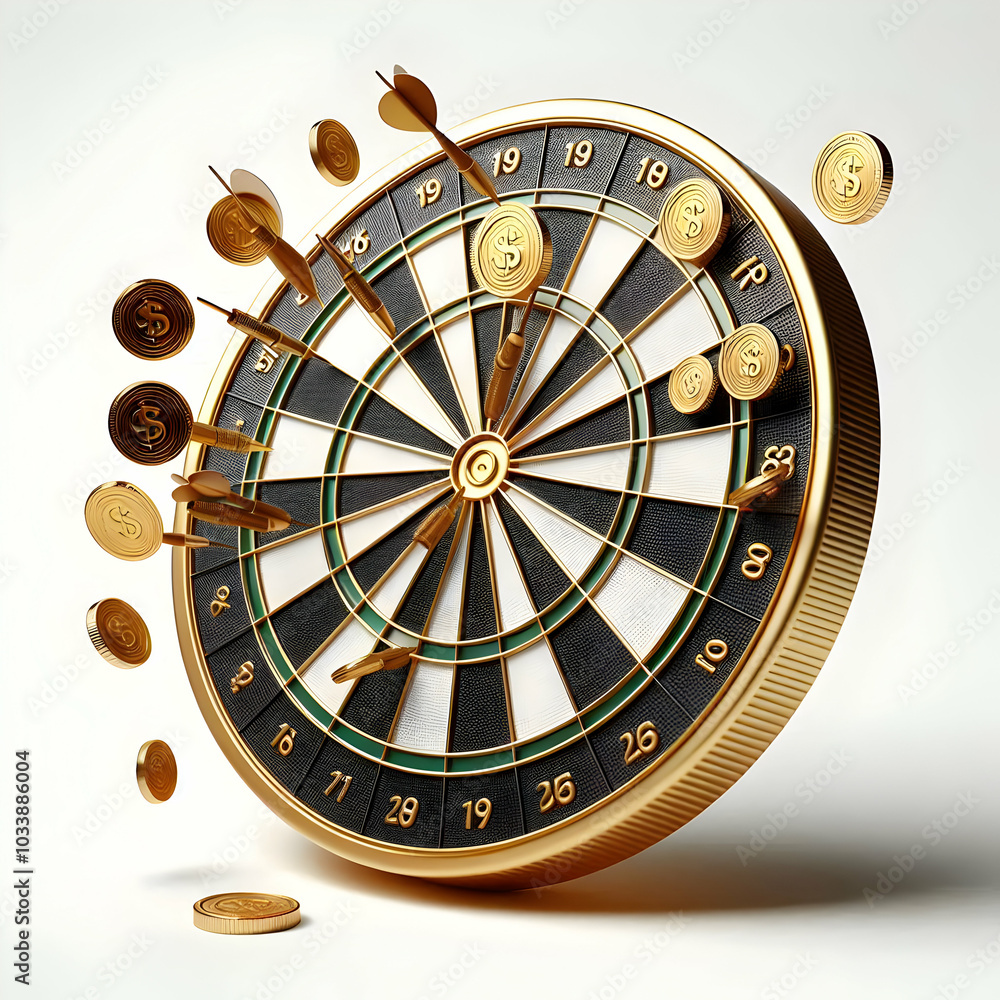 Poster 3d dartboard vector illustration with golden coins as dart points - realistic textured design on iso