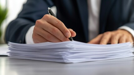 Hand signing document on a stack of papers in a professional setting.