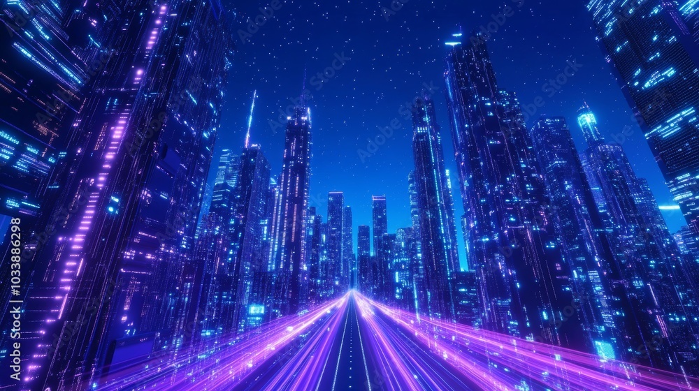 Poster the motion effect illustration depicts abstract speed light trails in a futuristic smart city with n