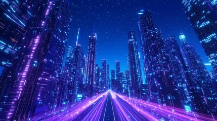 Fototapeta premium The motion effect illustration depicts abstract speed light trails in a futuristic smart city with neon skyscrapers