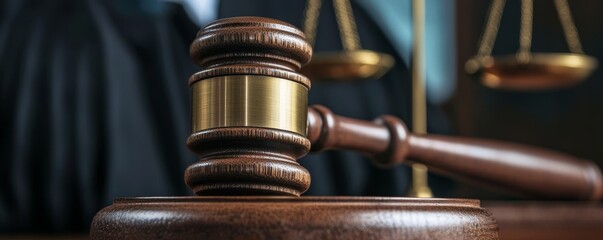 Judicial gavel on a desk symbolizing justice and the legal system.