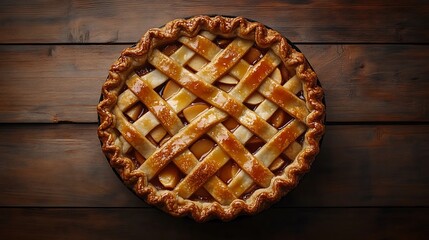 A top-down view of a golden apple pie with a lattice crust, beautifully drizzled with caramel, sitting on a rustic wooden table.