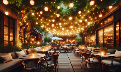 Restaurant oder Stra&szlig;encaf&eacute;s, geschm&uuml;ckt mit leuchtenden Lichtern und einladenden Tischen f&uuml;r entspannte Stunden, copy space