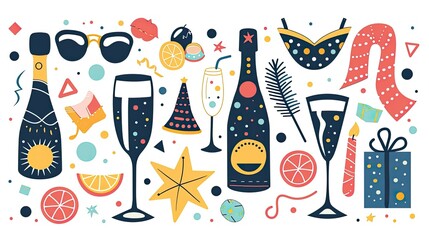 Festive New Year elements, champagne bottles and glasses