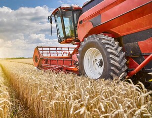 Obraz premium red harvester (combine harvester) operating in a large barley field. generative ai