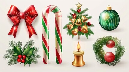 vector Christmas icon set, red and green candy cane with bow