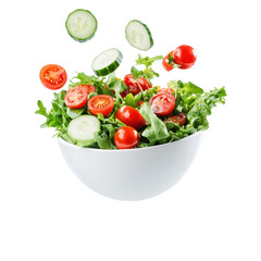Floating salad bowl with vibrant mixed greens and juicy cherry tomatoes ready to delight your taste buds!