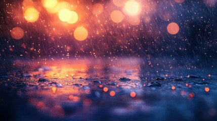Water droplets on a dark textured surface with reflections and warm glowing bokeh in the background Generative AI