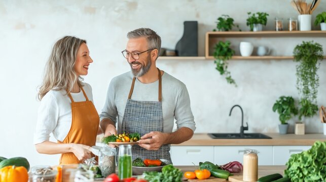 A joyful middle aged couple laughing and cooking together in a modern kitchen