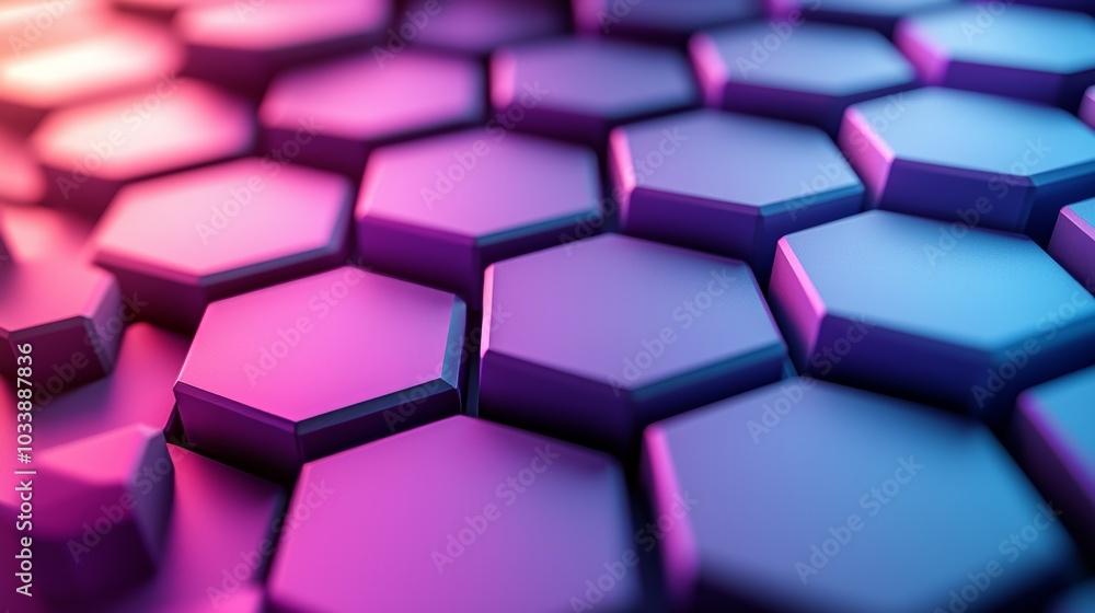 Poster design features an abstract 3d hexagon layout, bold blues and purples, strong shadow play, and dynam