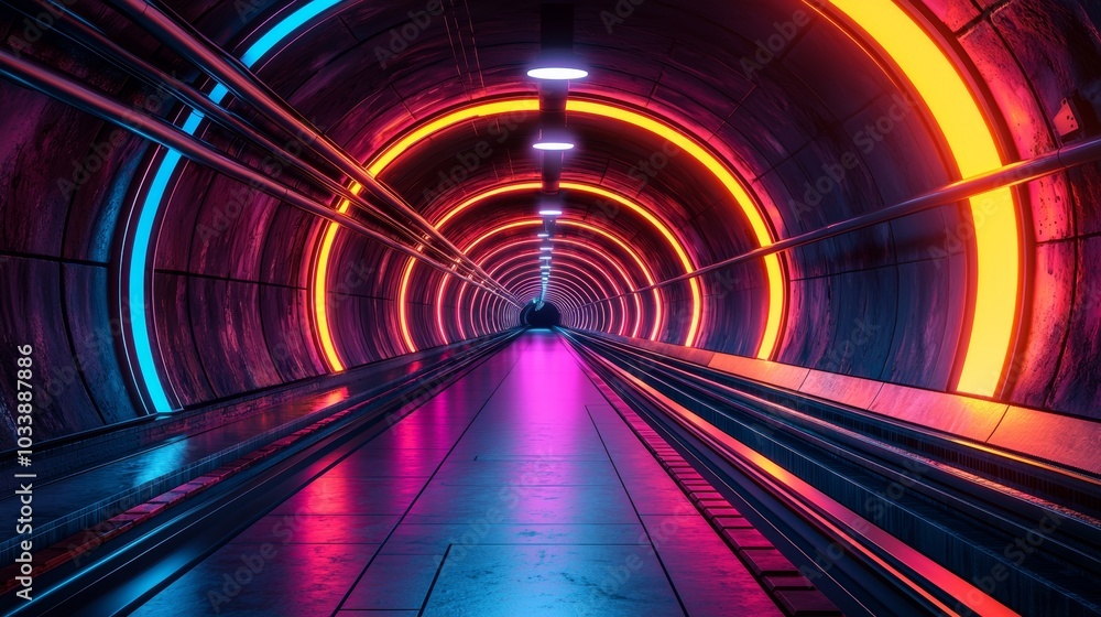 Leinwandbilder the futuristic visual is comprised of an abstract tunnel that is purple and yellow with glowing ligh