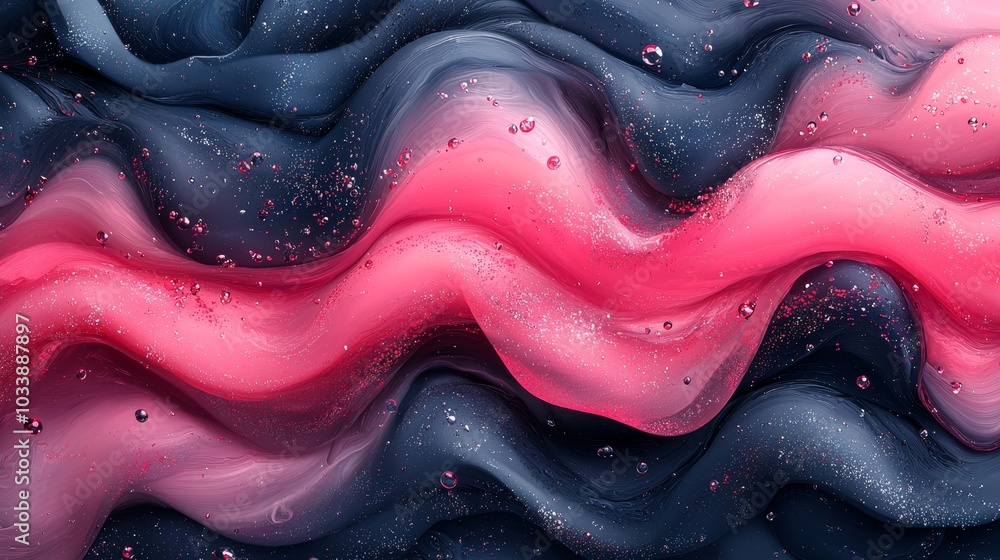 Poster flowing liquid patterns and vivid colors in an abstract painting with pink, blue and gray colors. di