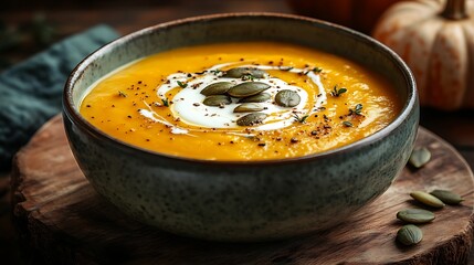 A warm autumn scene with a bowl of creamy pumpkin soup, topped with a swirl of cream and roasted pumpkin seeds, set on a rustic wooden board.