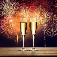 Two Champagne glasses on table against fireworks background on New Year's Eve night