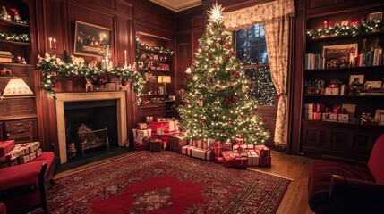 A living room dressed for the holidays, with a Christmas tree, garlands of lights draped across shelves, and wrapped gifts neatly arranged on a red rug.