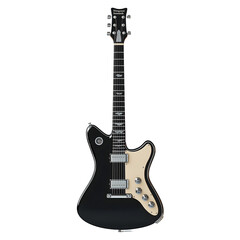 Sleek black electric guitar with chrome accents