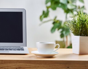 Obraz premium close-up of a workspace equipped with a computer, a cup of coffee, generative ai