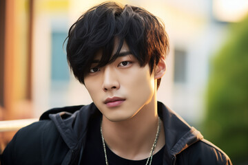 A striking portrait of a handsome Korean man with soft, tousled fringes, wearing a high-fashion coat.fringes sweeping across his forehead, glowing skin, and soft brown eyes.