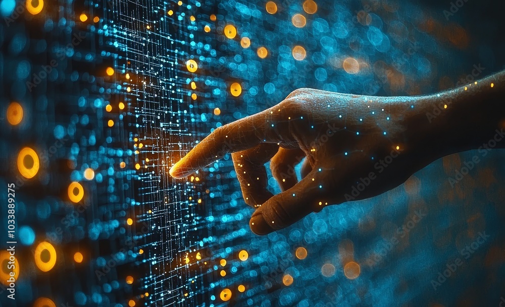 Poster A high-tech rendering of a human hand touching an interconnected net of glowing points