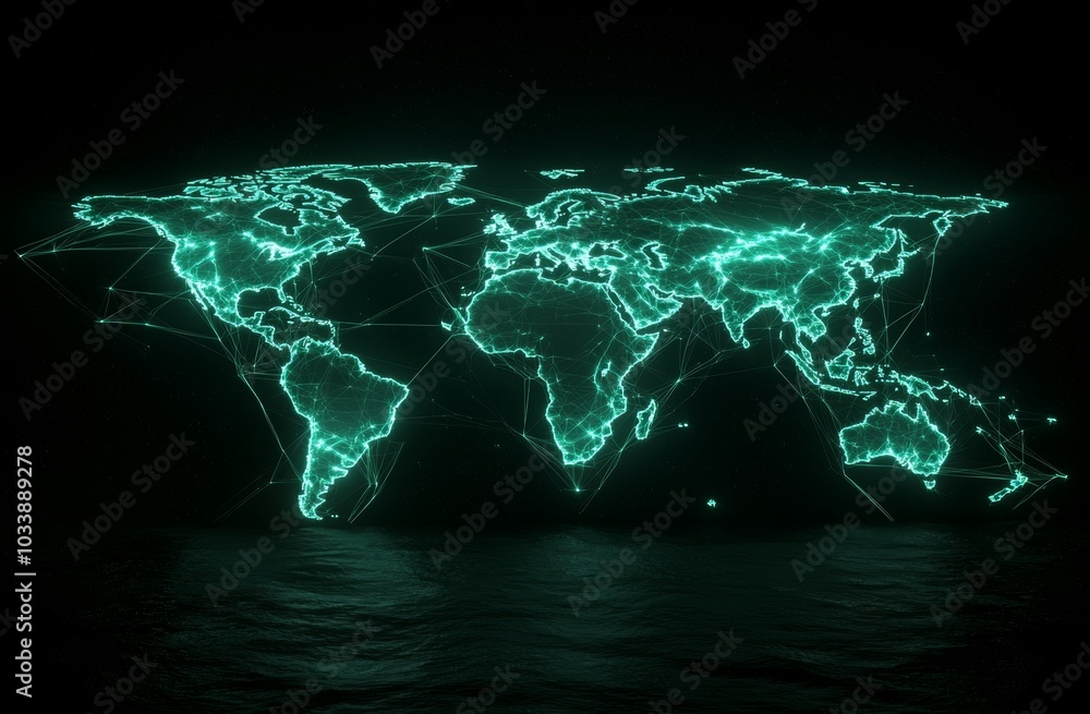 Poster map of the world with glowing green lines, continents and oceans outlined, creating a futuristic eff