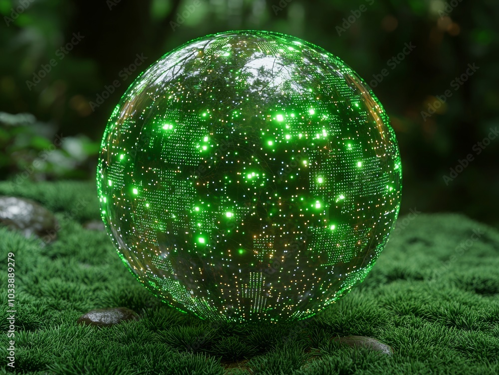 Aufkleber a futuristic digital globe with green network connections on a dark background