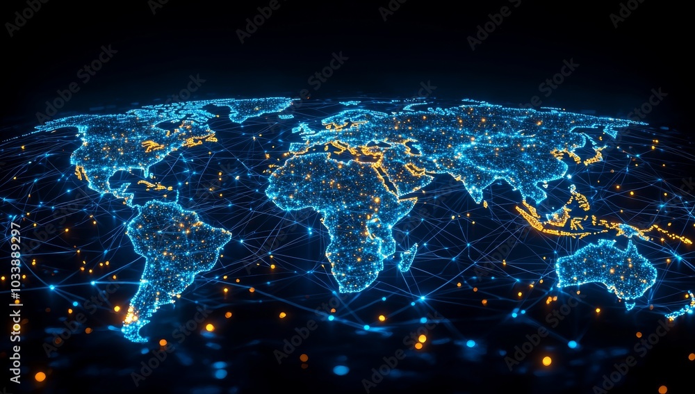 Poster abstract blue wireframe world map on black background.