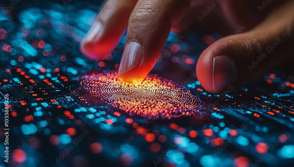 Aufkleber An image of a virtual holographic fingerprint recognition system. Using generative stock to enhance digital security.