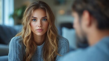 Fototapeta premium A woman with long blonde hair is looking at a man