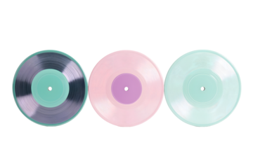 Three vinyl records in pastel lavender, mint green, and baby blue