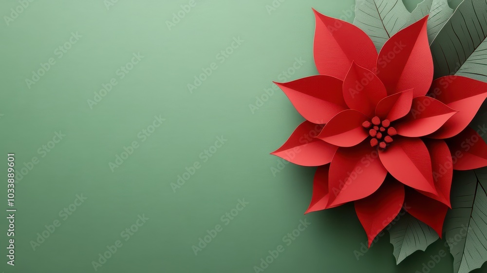 Fototapete paper cut style pattern of a red poinsettia flower with copy space on a green background for christm