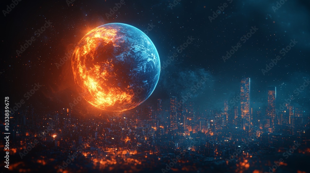 Poster digital globe illuminated with vibrant blue and orange lights sits on a futuristic circuit board tha