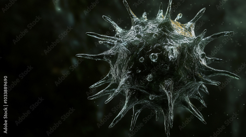 Poster intricate microscopic view of a virus floating in a dark, abstract environment