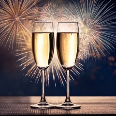 Two Champagne glasses on table against fireworks background on New Year's Eve night