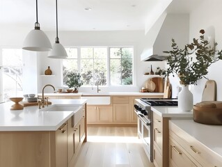 Bright Modern White Kitchen with White Quarts Countertops and Light Wood Tone Cabinetry and Floors