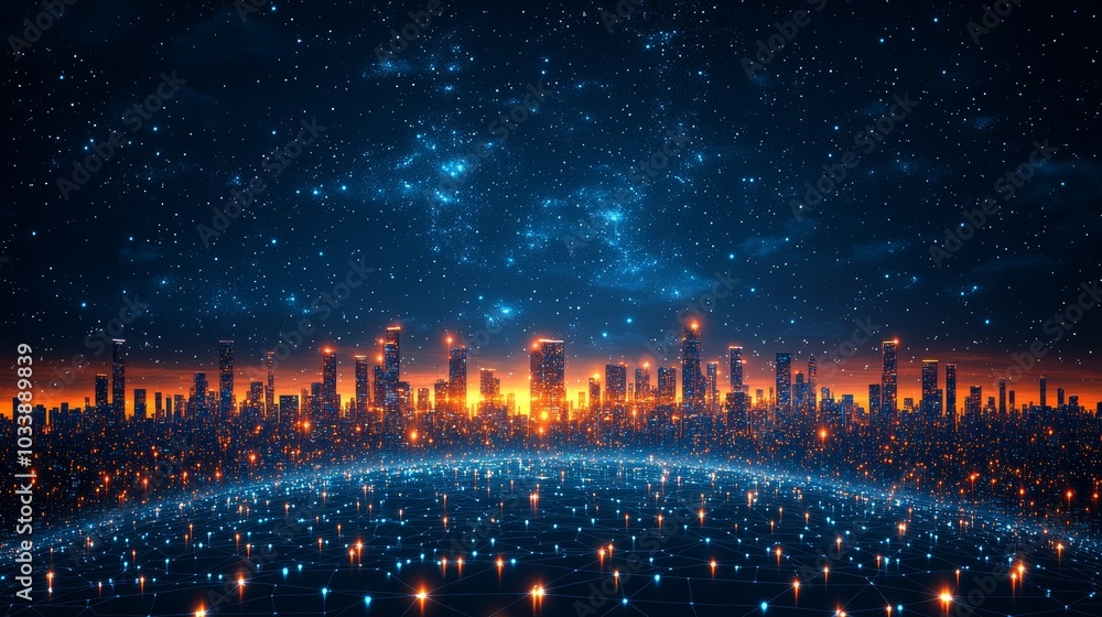 Poster digitally rendered world connected by lines.