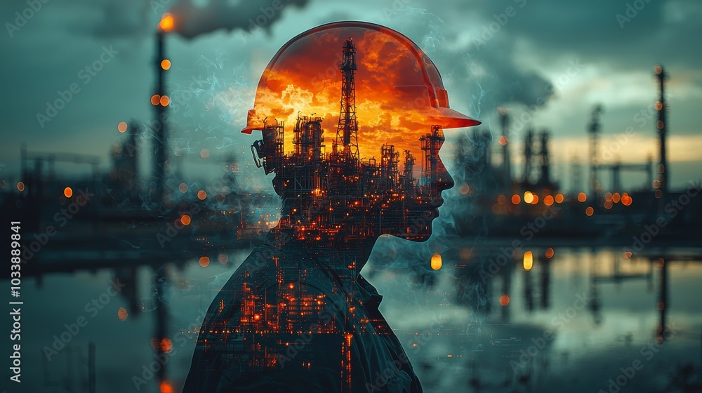 Poster The image depicts a man in a hard hat reflected in a cityscape. This depicts the human element in a world dominated by machines and infrastructure.
