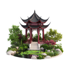Elegant luxury garden pavilion in Chinese pagoda style with graceful curved architecture and serene surroundings.