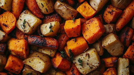 An overhead shot of a family-style serving of roasted vegetables, including carrots, sweet potatoes, and parsnips, seasoned with herbs and garlic.