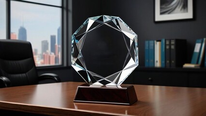 A crystal award. The winner received an acrylic crystal prize. Making a nomination unique and real competition trophy design. Symbol of triumph and dignity.