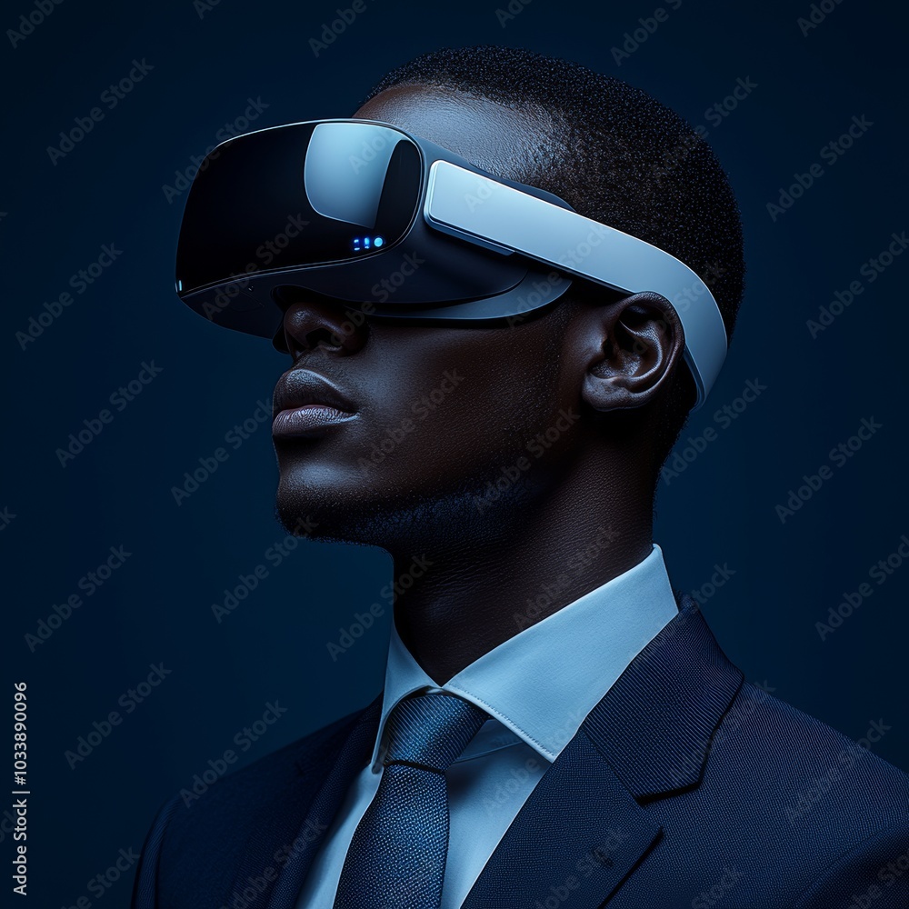 Poster An image of a man wearing a virtual reality headset and exploring a digital environment.
