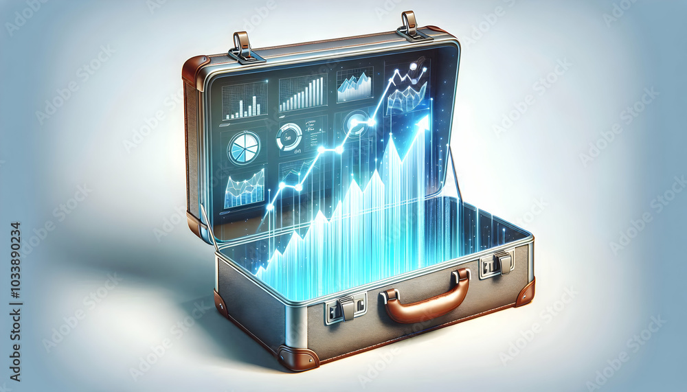 Poster 3d briefcase with holographic profit projections - vector icon of open briefcase displaying rising p