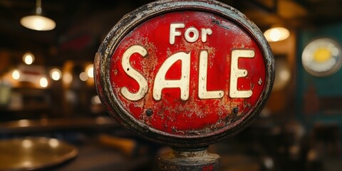 A vintage red For Sale sign with a weathered appearance prominently displayed in a rustic setting with blurred background elements