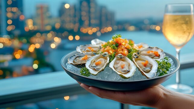 Un plato de ostras frescas acompa&ntilde;ado de una copa de vino espumoso, sostenido frente a una vista nocturna de la ciudad iluminada.


