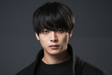 A striking portrait of a handsome Korean man with soft, tousled fringes, wearing a high-fashion coat.fringes sweeping across his forehead, glowing skin, and soft brown eyes.