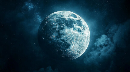 Obraz premium A clear night sky reveals a bright full moon shining over the serene landscape at dusk